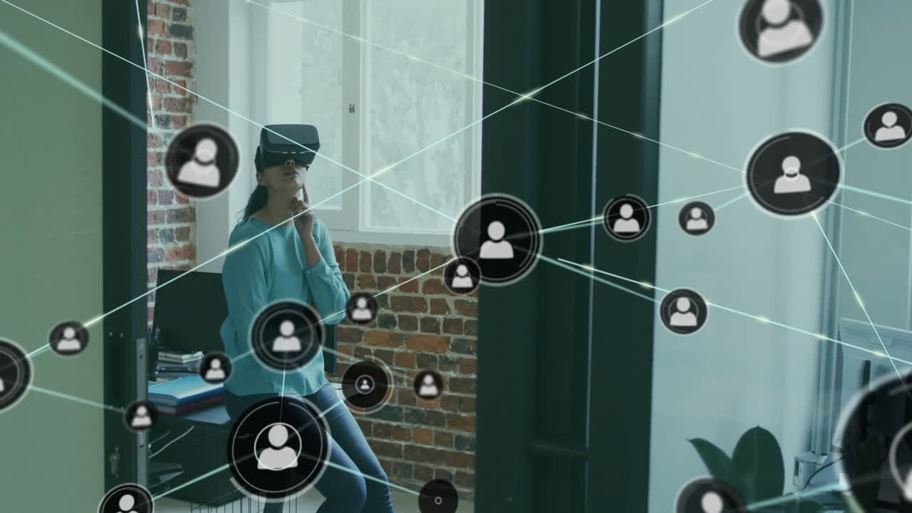 Animation of network of connections with icons over biracial businesswoman using vr headset