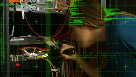 Animation-of-data-processing-over-caucasian-woman-in-server-room