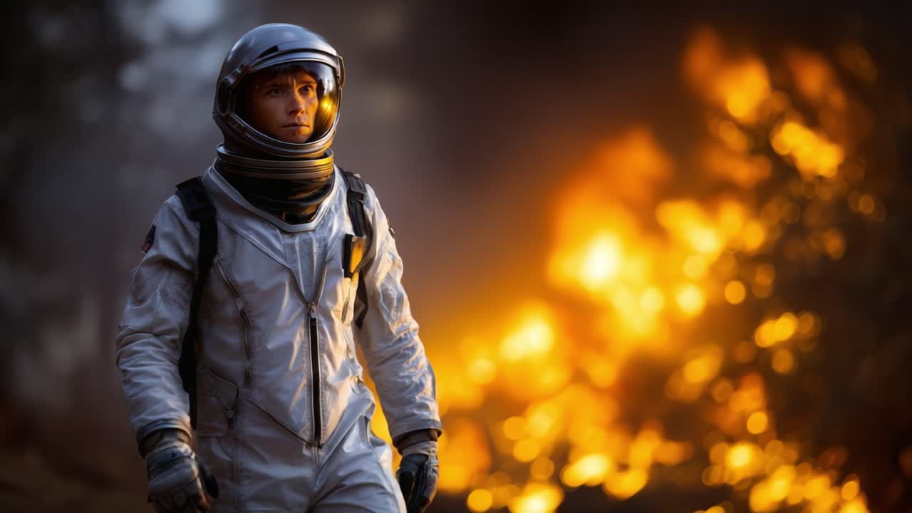 Seorang astronot dengan pakaian antariksa melintasi latar belakang hutan yang terbakar, menyoroti skenario tegang dan dramatis tentang bertahan hidup di tengah kekacauan dan kehancuran