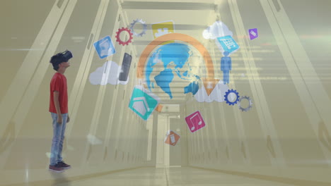 animación de iconos de medios y niño caucásico con auriculares vr sobre la sala del servidor