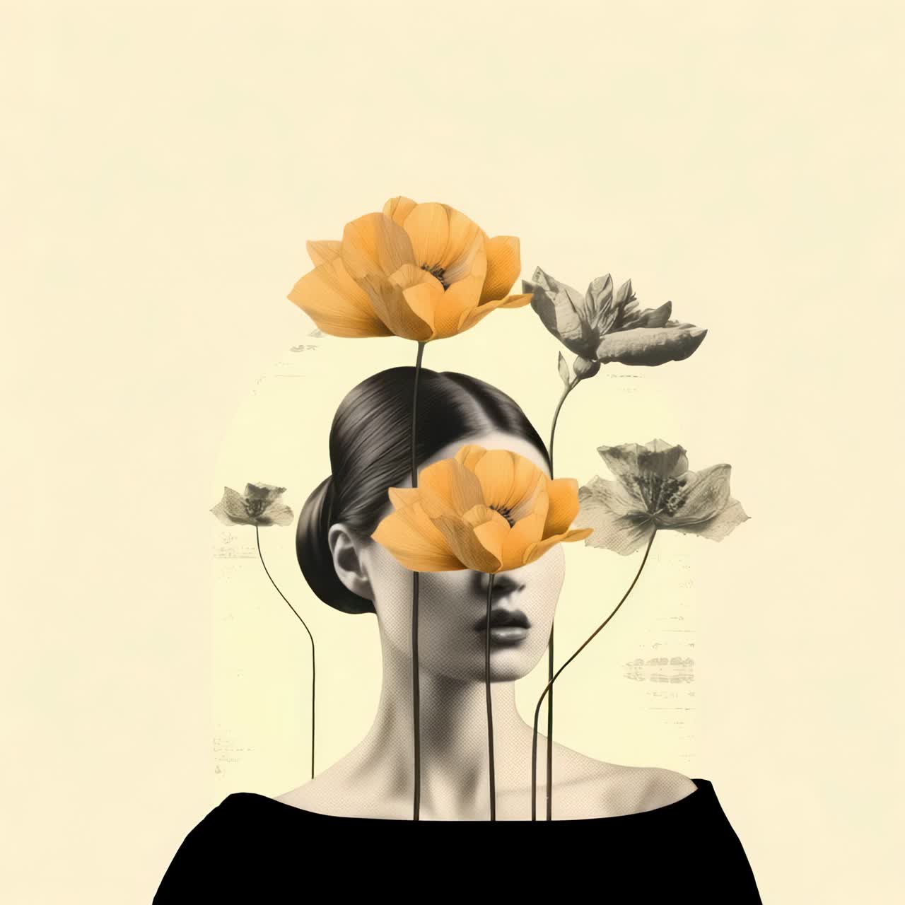 Concetto video surreale di una donna con fiori al posto degli occhi. L'inquadratura laterale fonde monocromo e colore