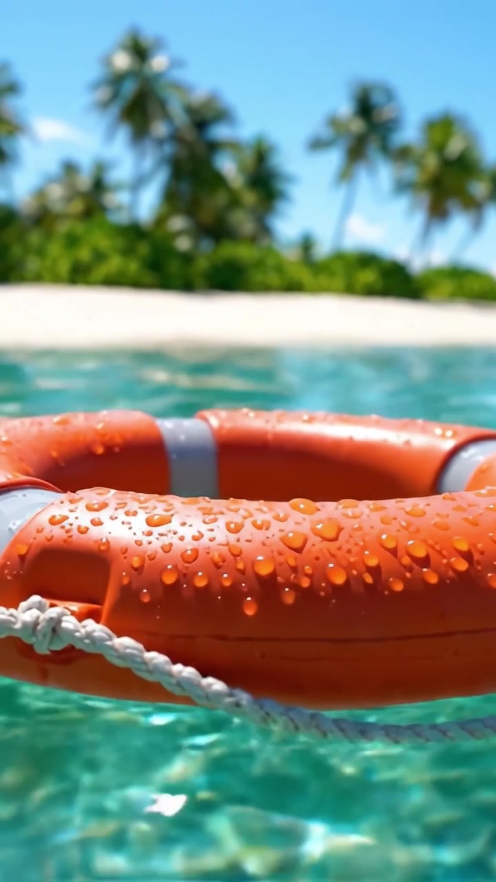 A Bright and Shimmering Lifebuoy Floats on Crystal Clear Water Beneath a Tropical Sky, Surrounded by Lush Palm Trees and Sandy Shores, Evoking Safety and Summer Vibes