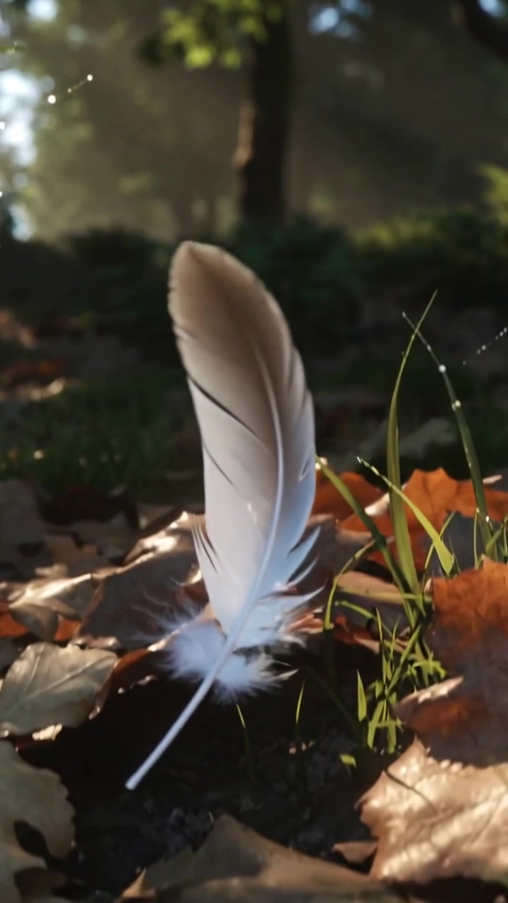 Video verticale: Piuma bianca che fluttua e si inclina, posandosi sul tappeto di foglie mentre le raffiche smuovono la ragnatela di rugiada.