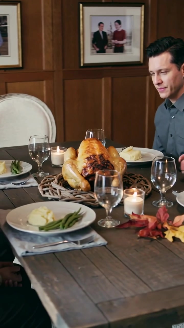 Vertical video: Camera panning couple looking at turkey at home, woman in maroon preparing meal