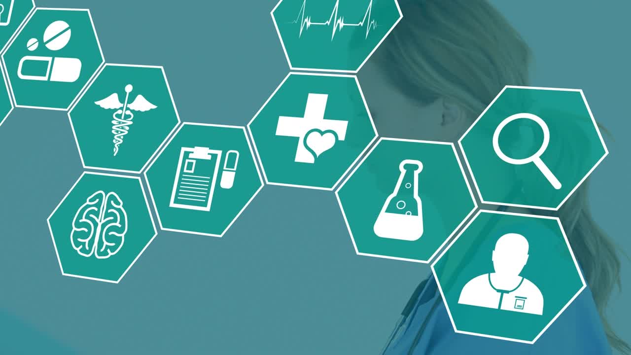 Animación de iconos médicos sobre una médica caucásica