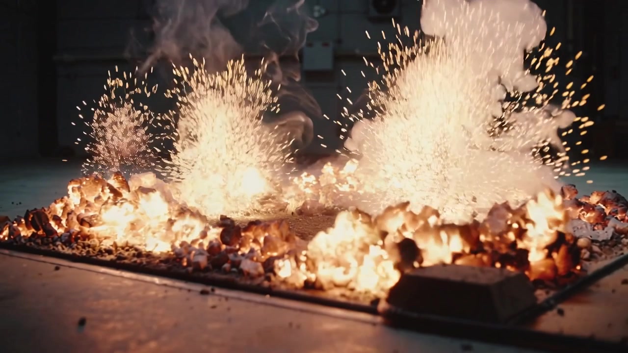 Accensione di un letto di combustibile metallico che brucia e manda scintille, braci ardenti e fumo verso una presa d'aria in un hangar.