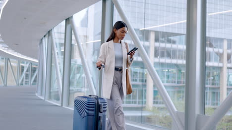 Airport,-business-woman-and-phone-text