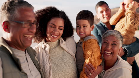 Face,-love-and-happy-big-family-at-the-beach