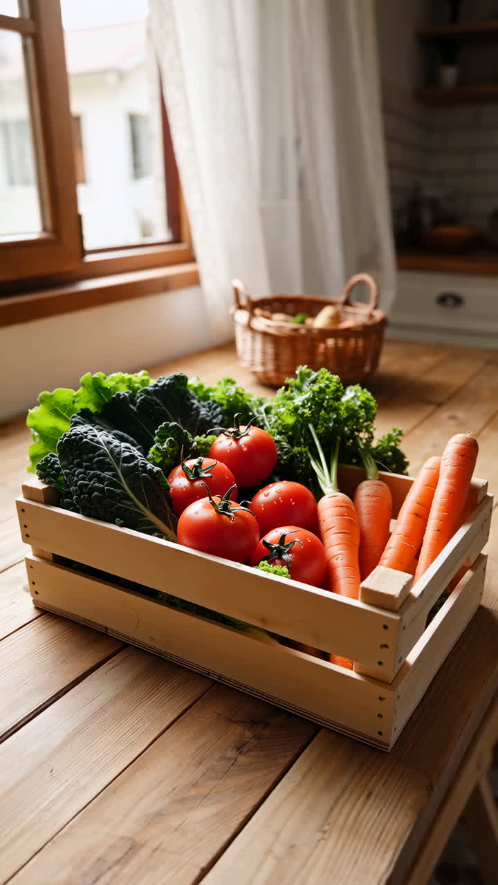 Freshly Harvested Vegetables in a Wooden Crate on a Kitchen Table