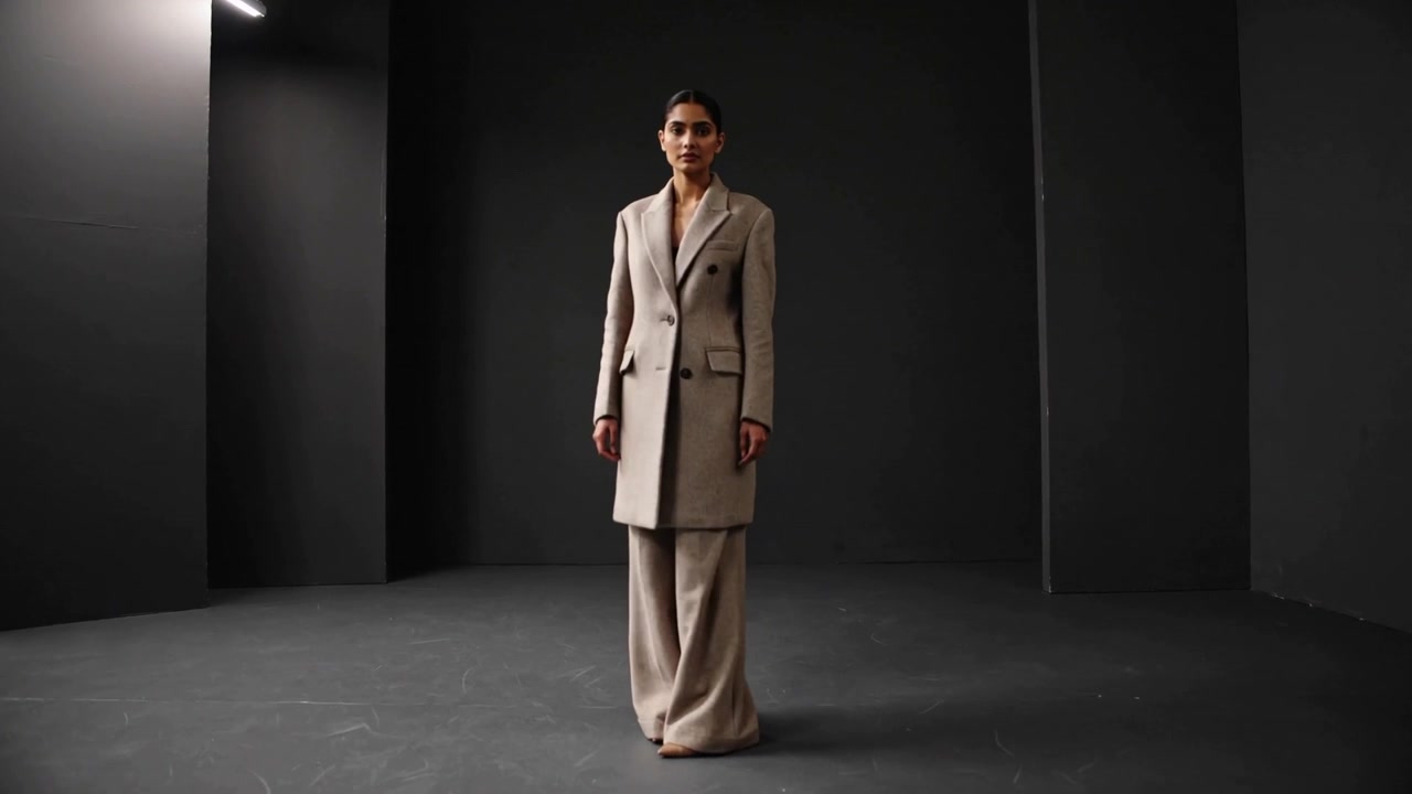 Rotating model on camera cue, shifting to front in studio, presenting beige coat and pants