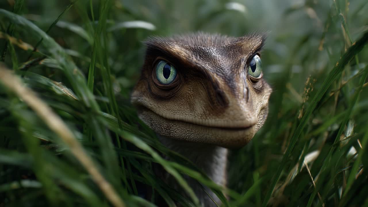 Un primo piano di una curiosa creatura simile a un dinosauro che sbircia attraverso l'erba verde lussureggiante in un ambiente di habitat naturale, catturando un momento di intrigo e natura.