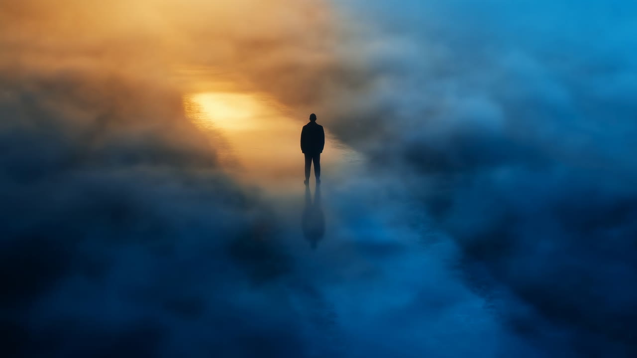 Solitary Figure Standing In Golden Mist At Sunrise, Vast Foggy Landscape With Deep Blue And Warm Orange Tones