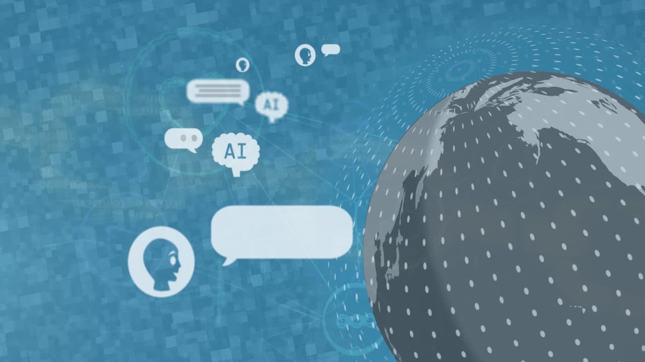 Animation of ai data processing over globe with ai icons