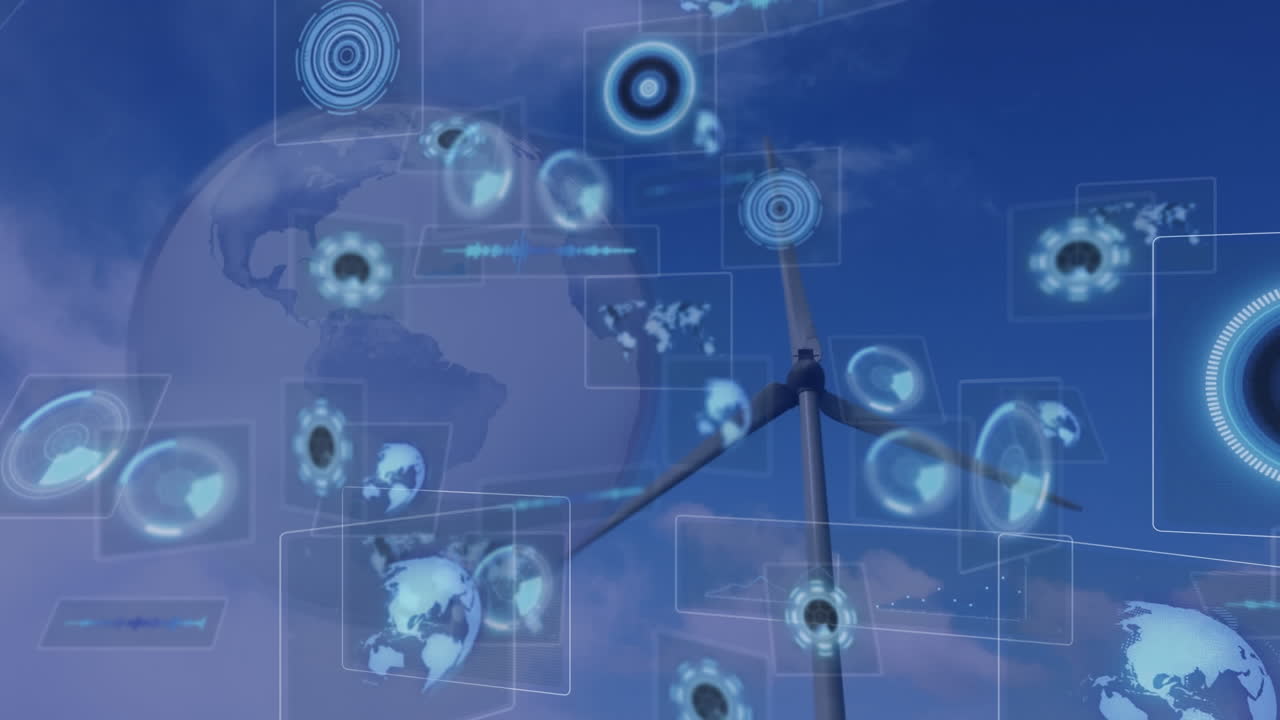 Animation of data processing with scope scanning and globe over wind turbine