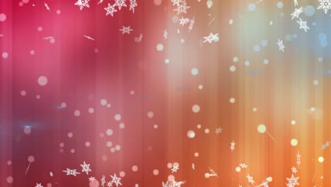 Animation-of-snowflakes-over-glowing-white-spots-on-multi-coloured-background