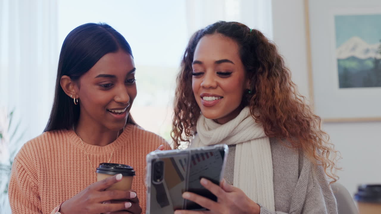 Women relax together, phone