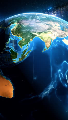 a close up of the earth with the continents of asia and europe visible. the sky is dark and the stars are visible