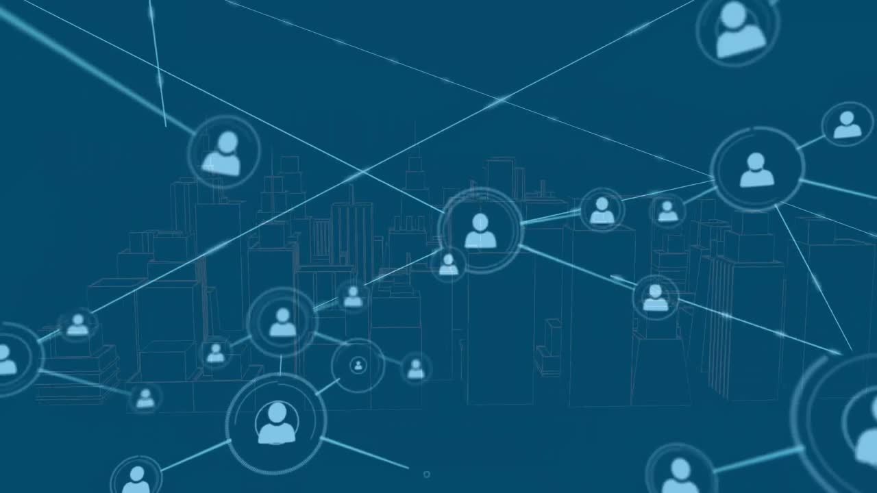 Network of profile icons over 3d city model spinning against blue background