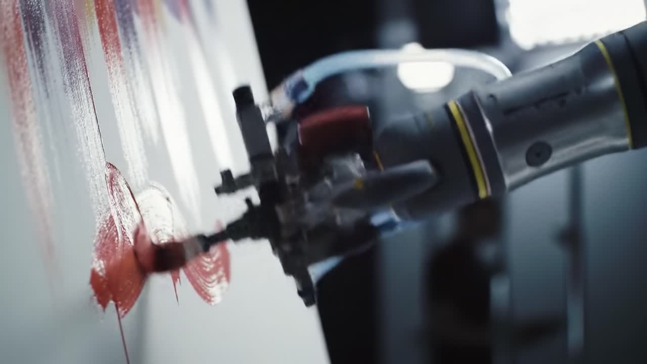 En robotarm, der dygtigt skaber dynamiske penselstrøg på et blankt lærred, hvilket fremhæver skæringspunktet mellem teknologi og kunstneriskhed i moderne kreativt udtryk