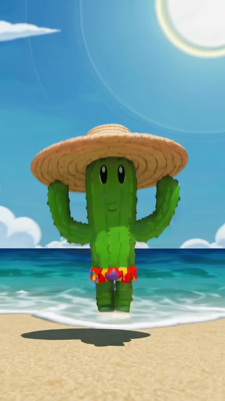 Cartoon cactus enjoying summer vacations at the beach, wearing a vibrant swimsuit and a straw hat, soaking up the sun under a beautiful blue sky, surrounded by serene ocean waves