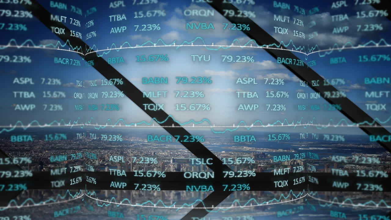 animación de la interfaz digital con el procesamiento de datos financieros sobre la vista de la ciudad a través de la ventana
