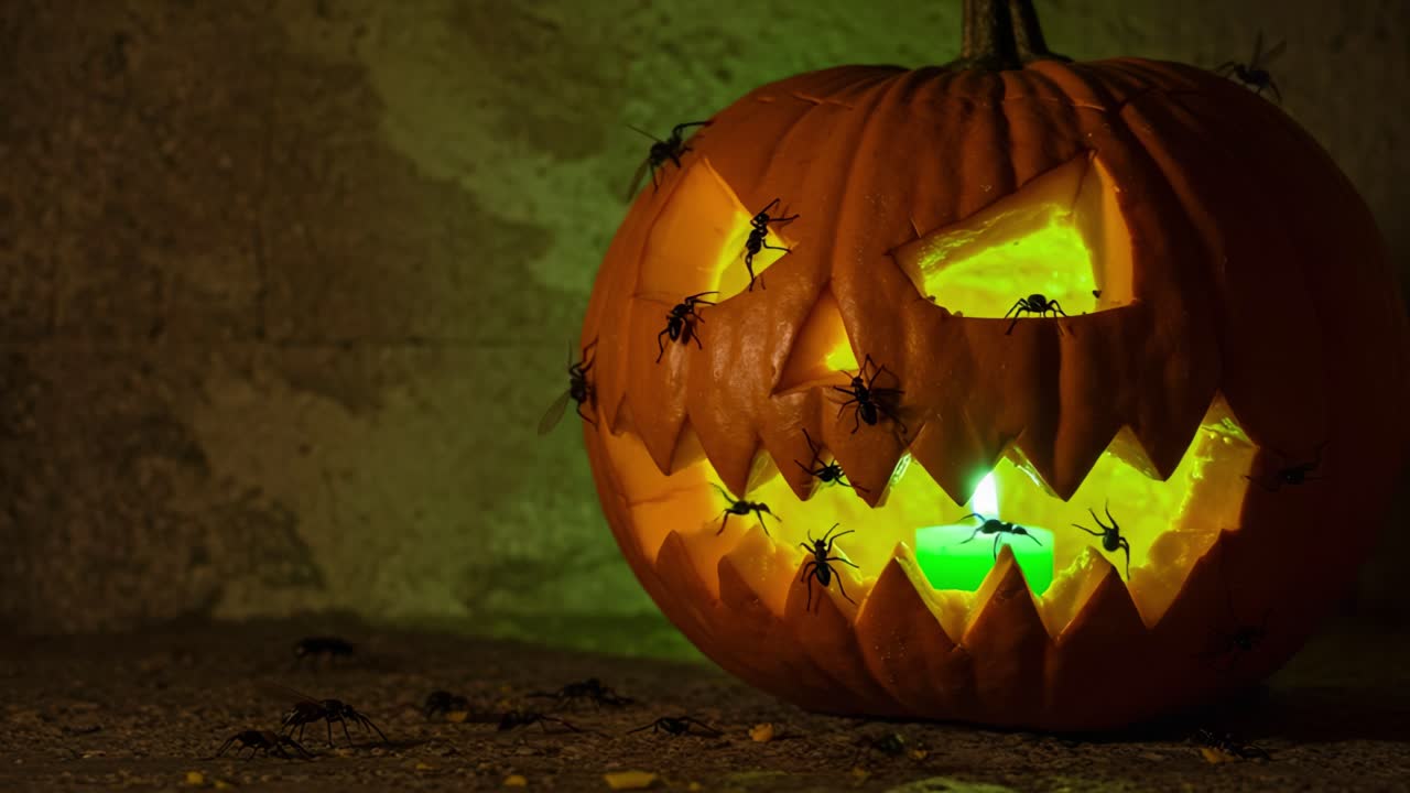 A Spooky Jack-O'-Lantern Illuminated with Green Light, Surrounded by Spiders for a Thrilling Halloween Atmosphere Full of Eerie Elements and Delightful Frights