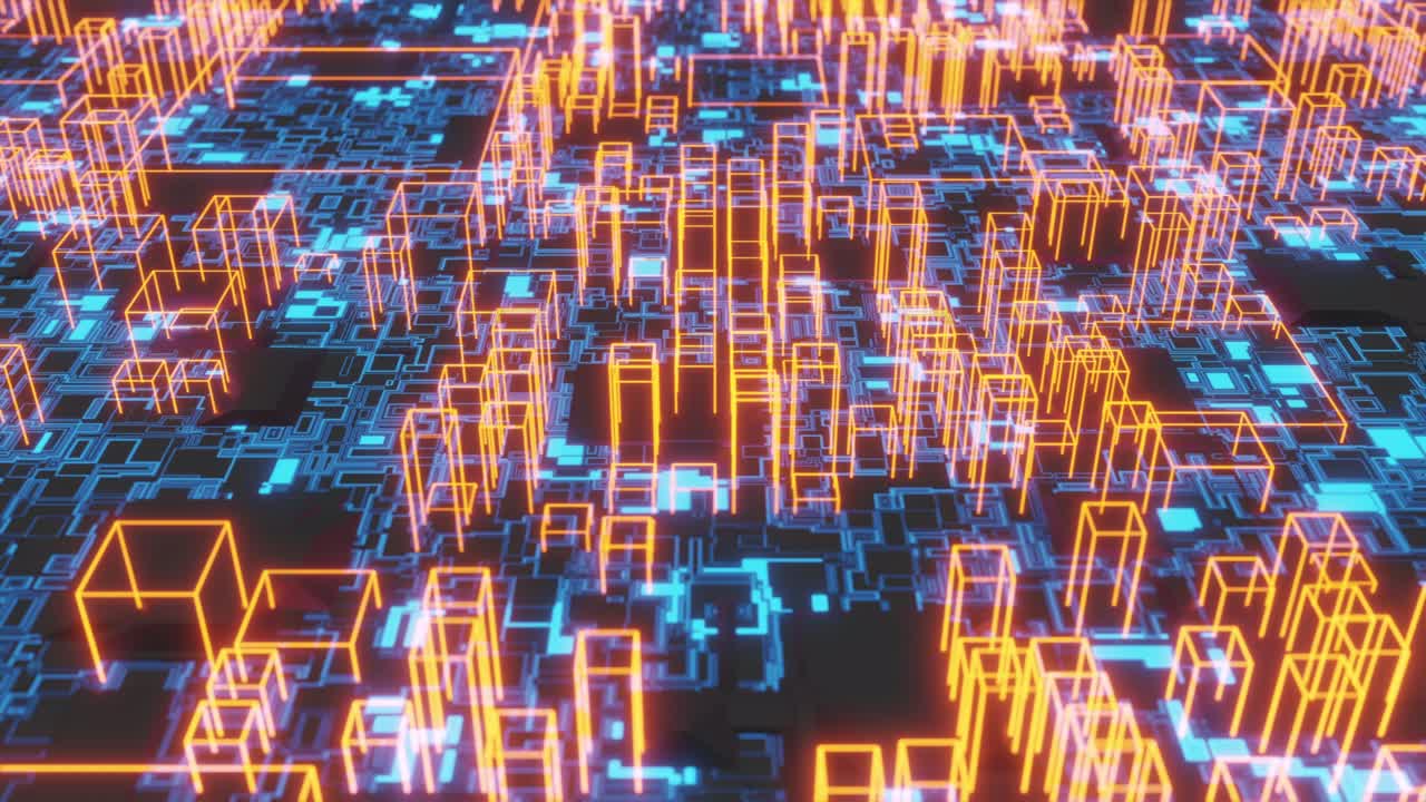 Abstract 3D rendering of hologram orange wireframe buildings and blue computer motherboard ground. Cyberspace technology