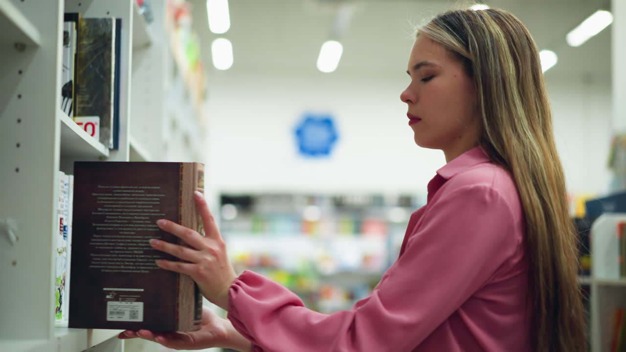 dama de rosa recupera un libro grande de un estante bien organizado en una tienda bien iluminada, comienza a hojear las páginas, sonriendo, con varios otros libros dispuestos en los estantes detrás de ella