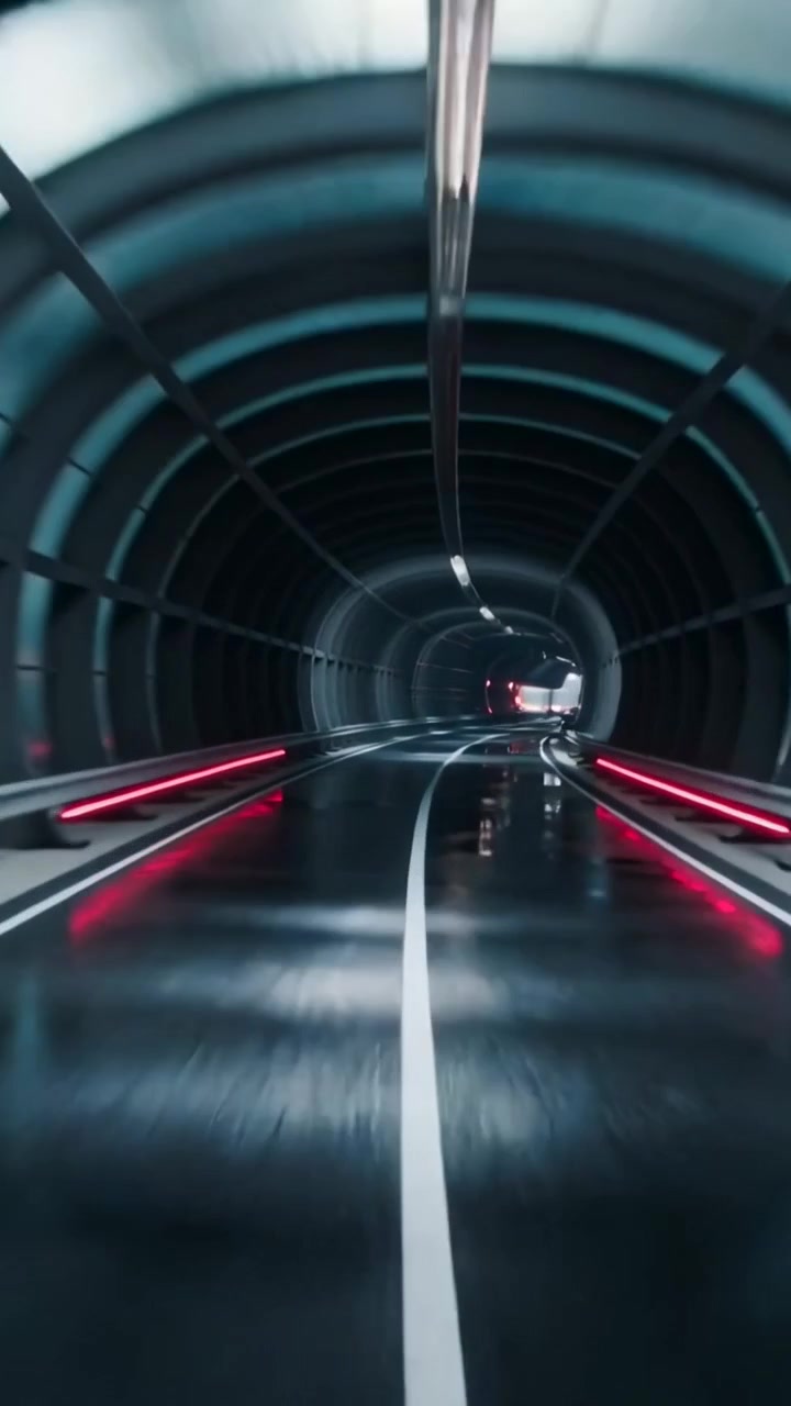 Video verticale: Telecamera in movimento sulla linea bianca centrale, che segue i fanali posteriori rossi verso un'uscita luminosa.