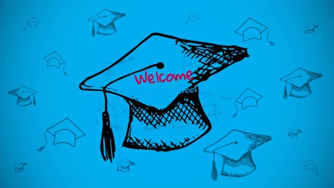 Animation-of-welcome-text-over-graduation-hats-on-blue-background