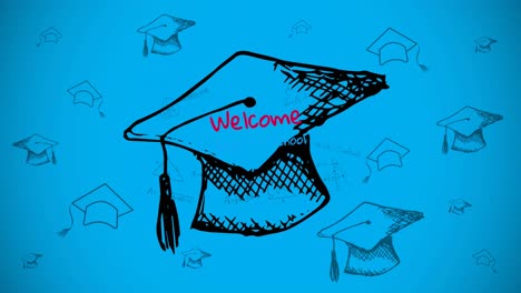 animation of welcome text over graduation hats on blue background