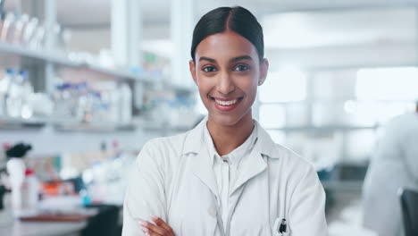 Science,-arms-crossed-and-pharmacy-with-woman