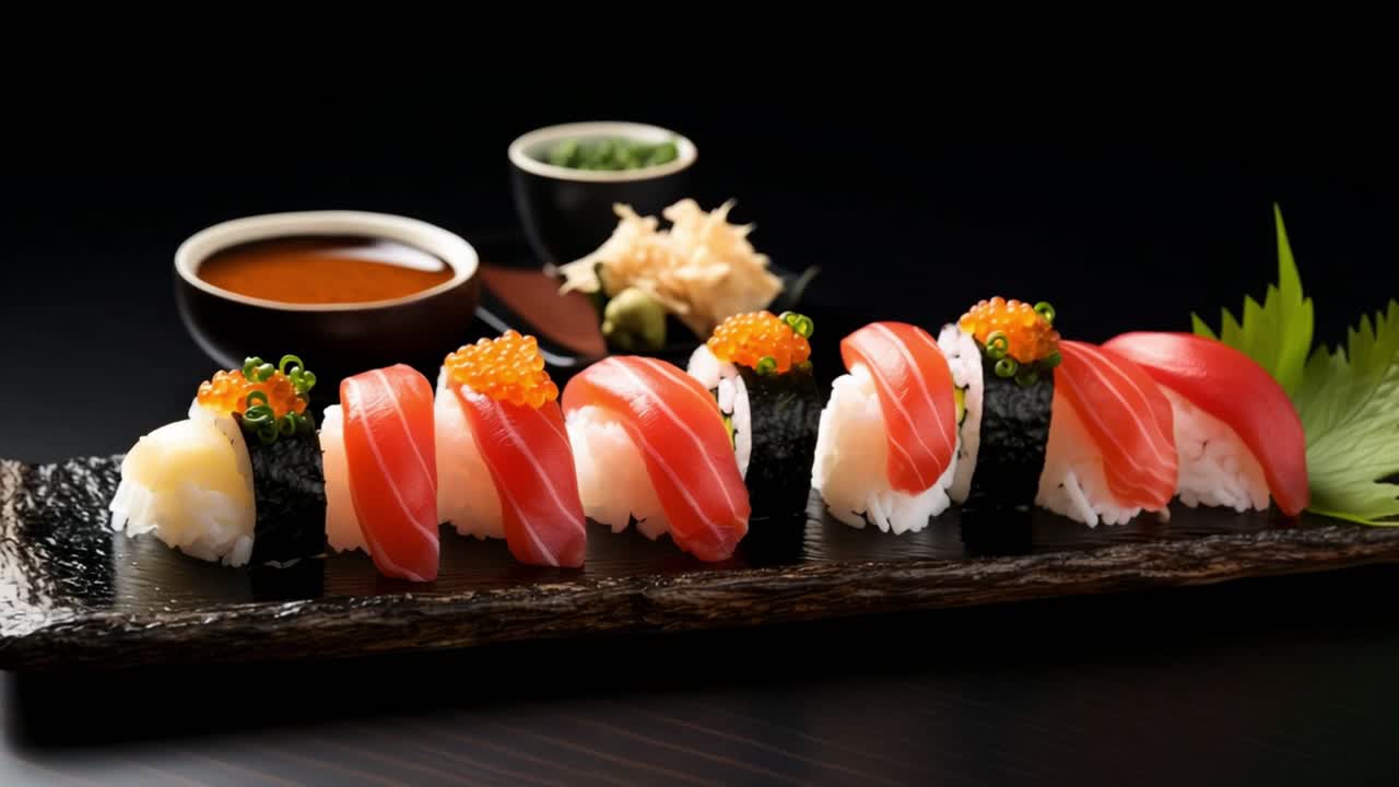 Fresh nigiri sushi with tuna, salmon, shrimp eggs and other ingredients served on a black plate with wasabi, ginger and soy sauce, creating a visually appealing and delicious culinary experience