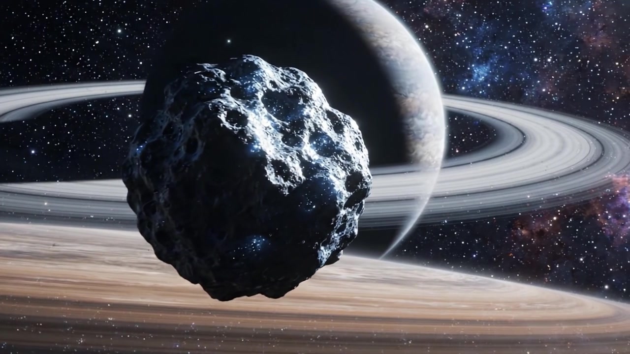 Uno splendido paesaggio cosmico che presenta un pianeta maestoso, un asteroide enigmatico e un magnifico sistema di anelli, catturato nello spazio profondo.