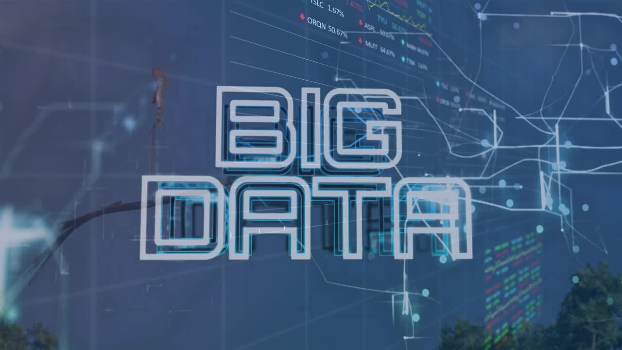 Animation of financial data and graphs over machines on junkyard