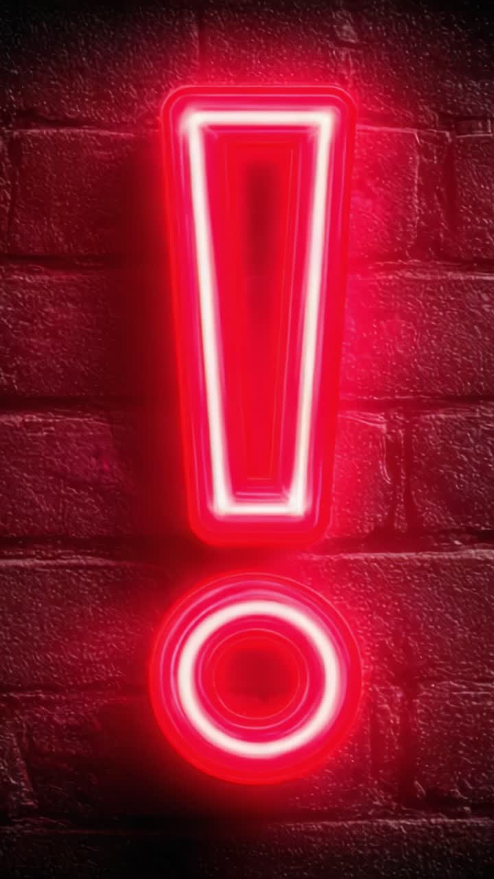 Bright Red Neon Sign Featuring an Exclamation Mark with a Circle Below, Emphasizing Attention and Urgency Against a Textured Brick Background