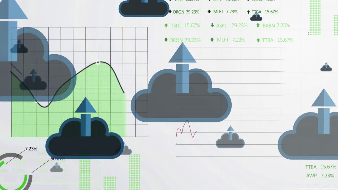 animación de flechas con nubes sobre el procesamiento de datos financieros