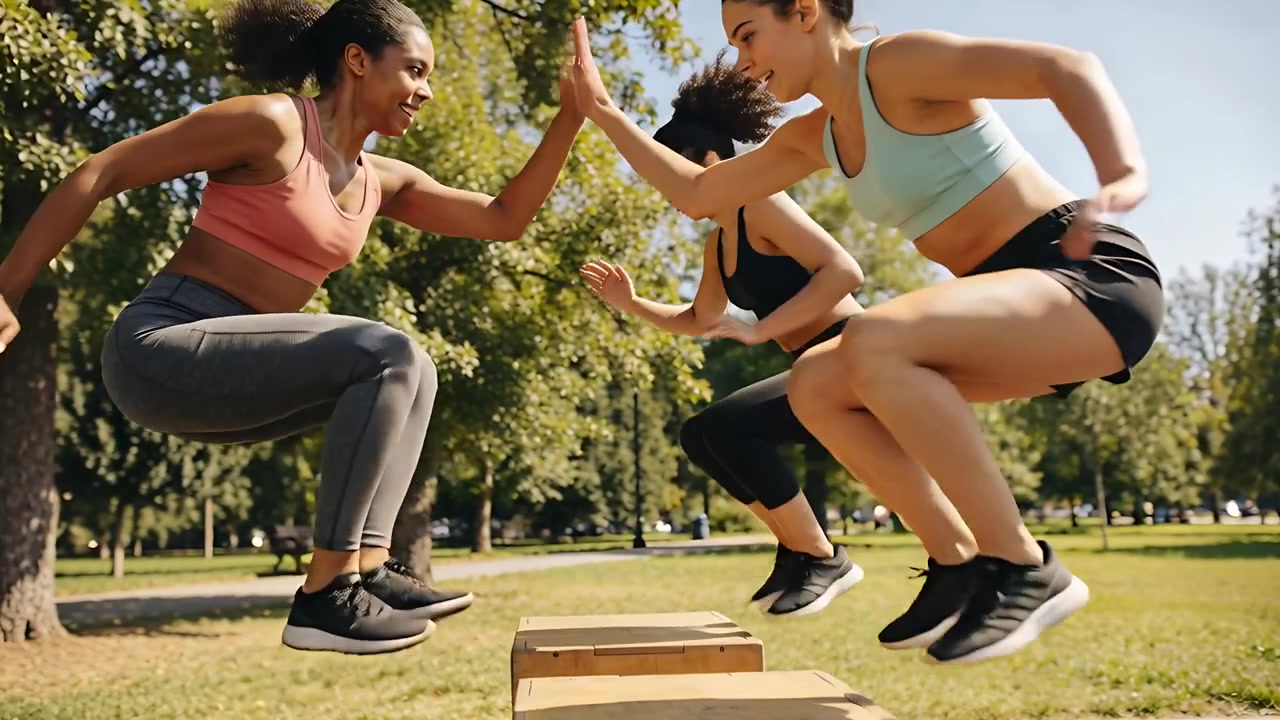 Tres mujeres con sujetadores deportivos saltando y realizando saltos pliométricos en cajón en un parque después de la preparación para sentadillas, entrenando.