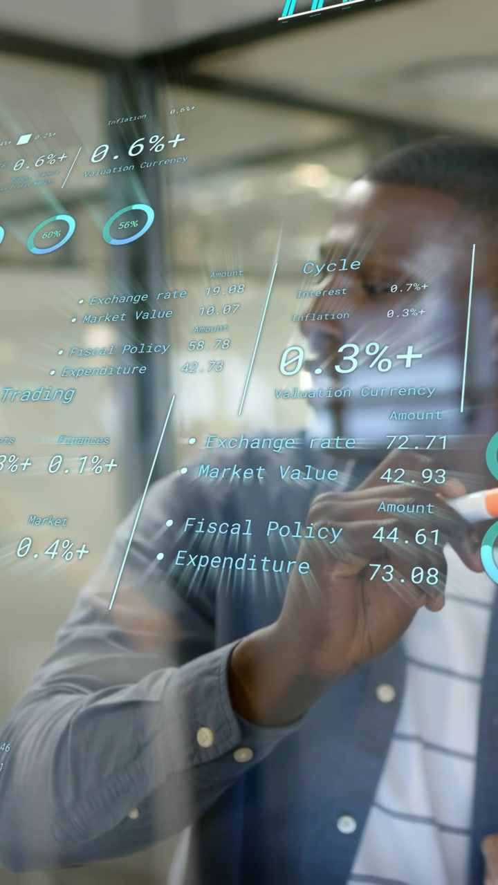 Vertical video: Man touching clear glass, tapping finance chart and circling rates to update plan