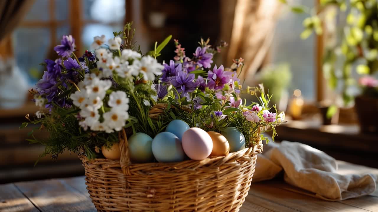 Soft sunlight bathes a rustic wicker basket. Purple and white wildflowers bloom in full season. Pastel eggs nestle among greenery and petals. Warmth radiates from wooden table and window frame