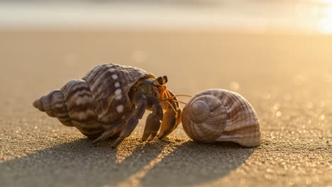 an engaging encounter between a hermit crab and a spiral shell by the shore as the sun sets, highlighting nature’s simple beauty and intricacies