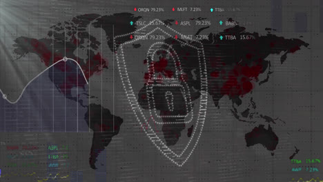 animación del candado de seguridad, procesamiento de datos estadísticos y del mercado de valores en comparación con el mapa del mundo