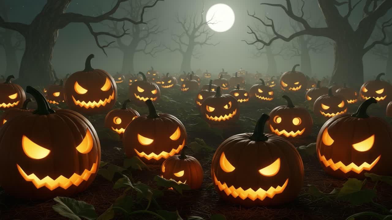 A Spooky Night in the Pumpkin Patch: Watch as Sinister Jack-o'-Lanterns Glow Underneath the Full Moon, Surrounded by Eerie Trees and an Atmosphere of Halloween Thrills
