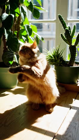 orange cat playing in sunny window