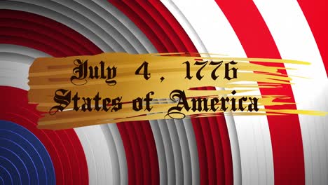 animation of american independence date text, over rings and stars in flag colours