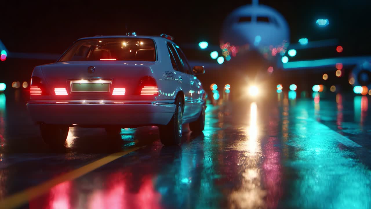 A sleek white sedan parked on a vibrant, rain-soaked airport tarmac, with an aircraft illuminated in the background, showcasing the colorful reflections of city lights on the wet surface, creating an atmospheric nighttime scene