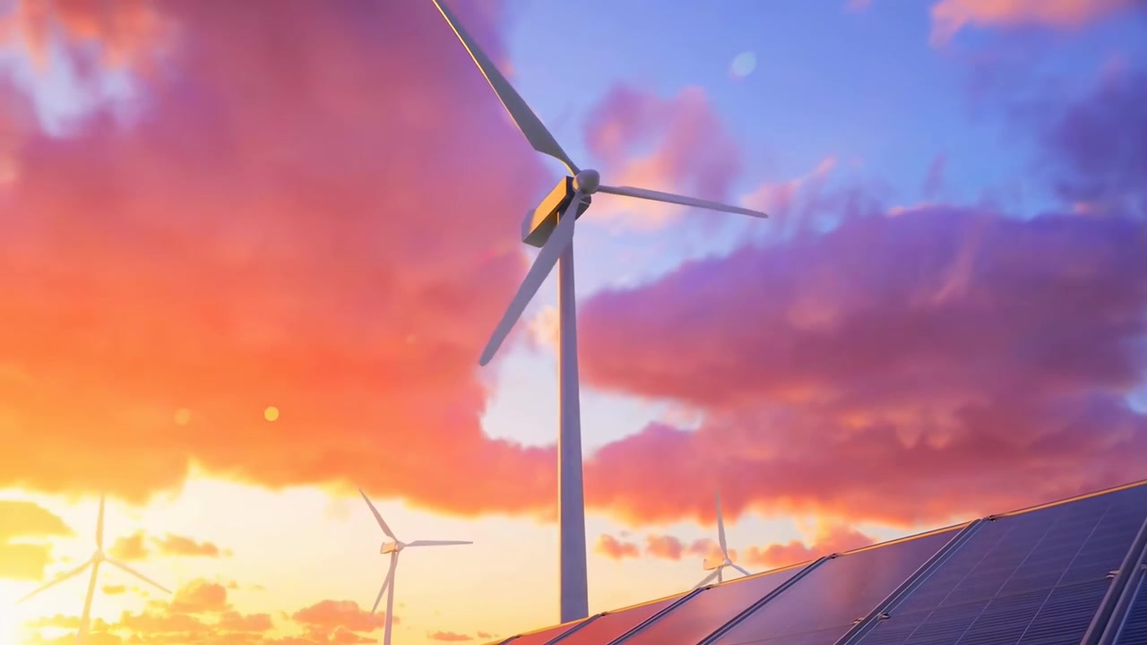 Sonnenpanele und Windturbinen erzeugen saubere Energie bei Sonnenuntergang