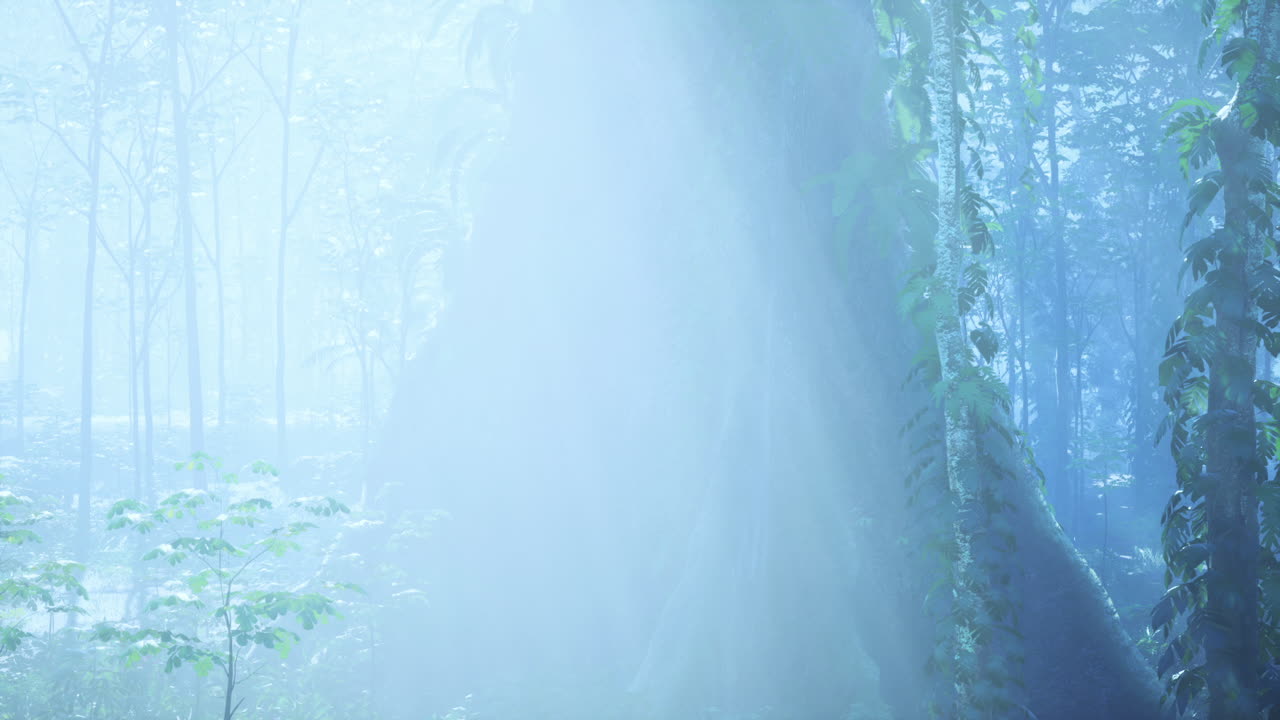 키가 큰 나무 와 울창 한 초원 이 있는 안개 가 가득 한 정글