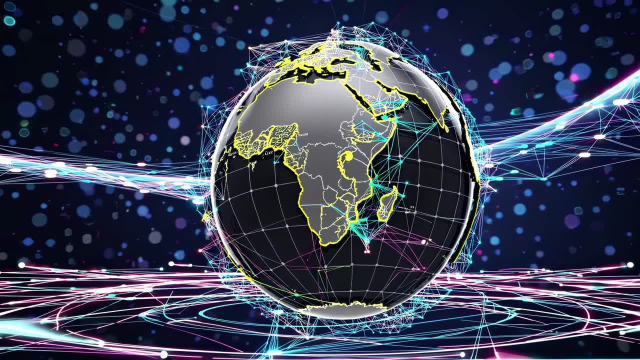 Futuristic video of a digital globe with neon lines, viewed from a low angle, cosmic backdrop