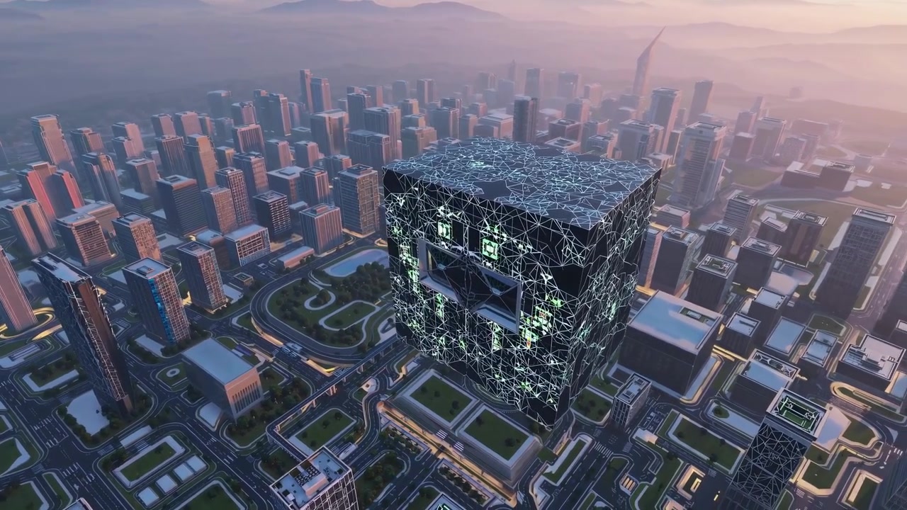 Futuristic Digital Cube with Glowing Network Floating Above Modern City